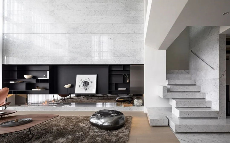 Steinprojekt | 224 ㎡ Raum im modernen Stil, Dekoration aus weißem Carrara-Marmor, ruhig und harmonisch
